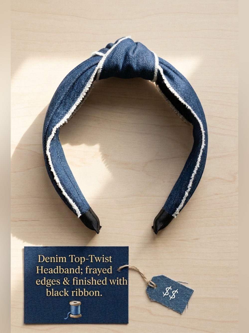 Denim Top-Twist Headband; frayed edges & finished with black ribbon.